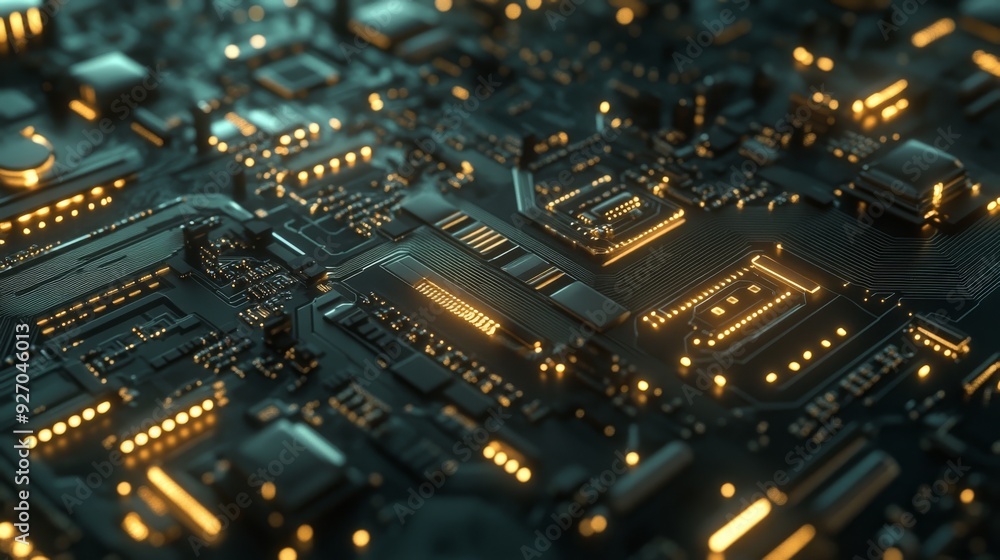 Fototapete close-up of a futuristic circuit board with a clean, illuminated background and complex circuitry