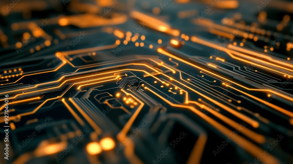 Poster Close-up of a sophisticated circuit board with dynamic, flowing lines and data nodes illustrating modern technology