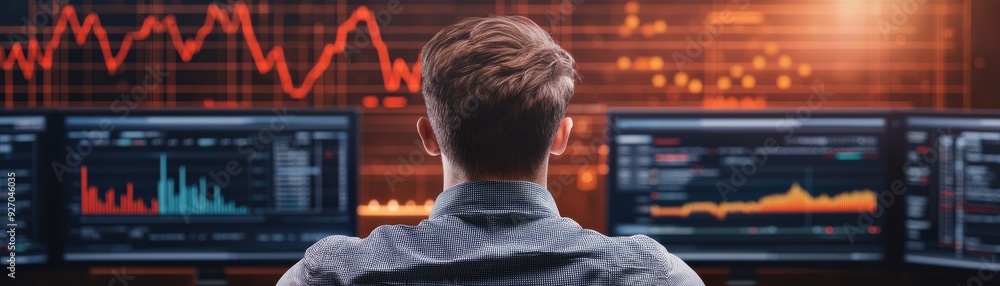 Poster focused individual analyzing data trends on multiple screens, representing modern financial technolo