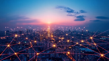 Naklejka premium A futuristic digital city powered by blockchain technology with interconnected nodes