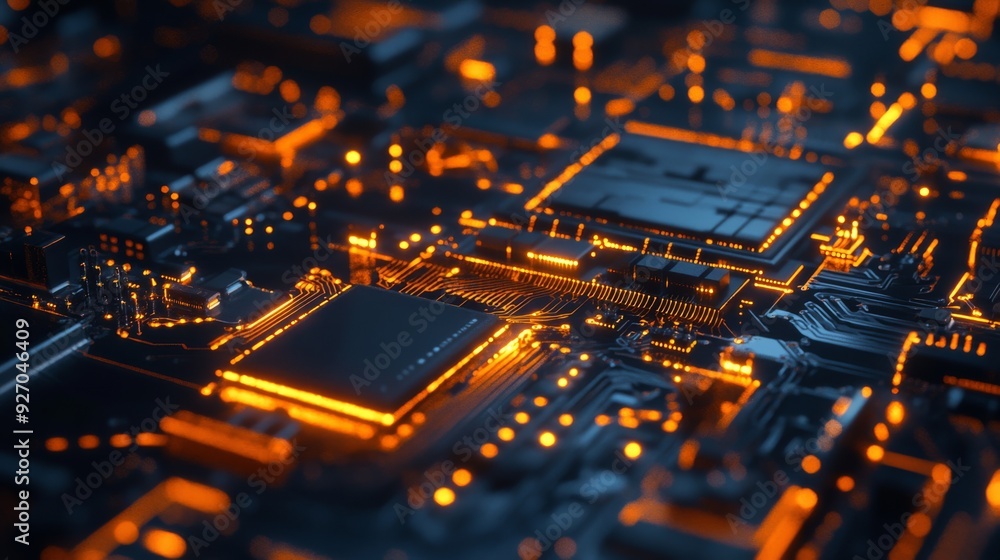 Poster abstract technology background featuring a detailed circuit board with illuminated circuits and adva