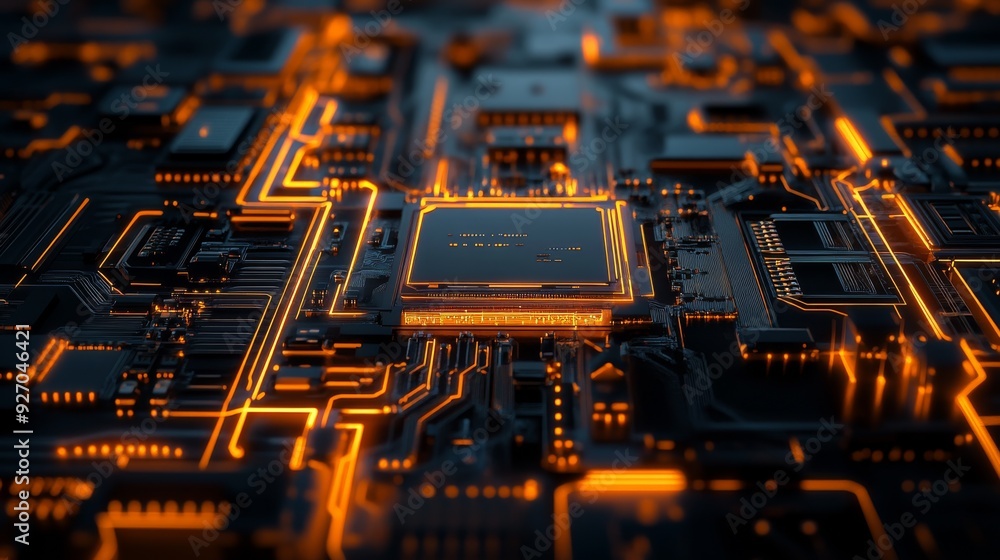 Poster abstract technology background featuring a detailed circuit board with illuminated circuits and adva
