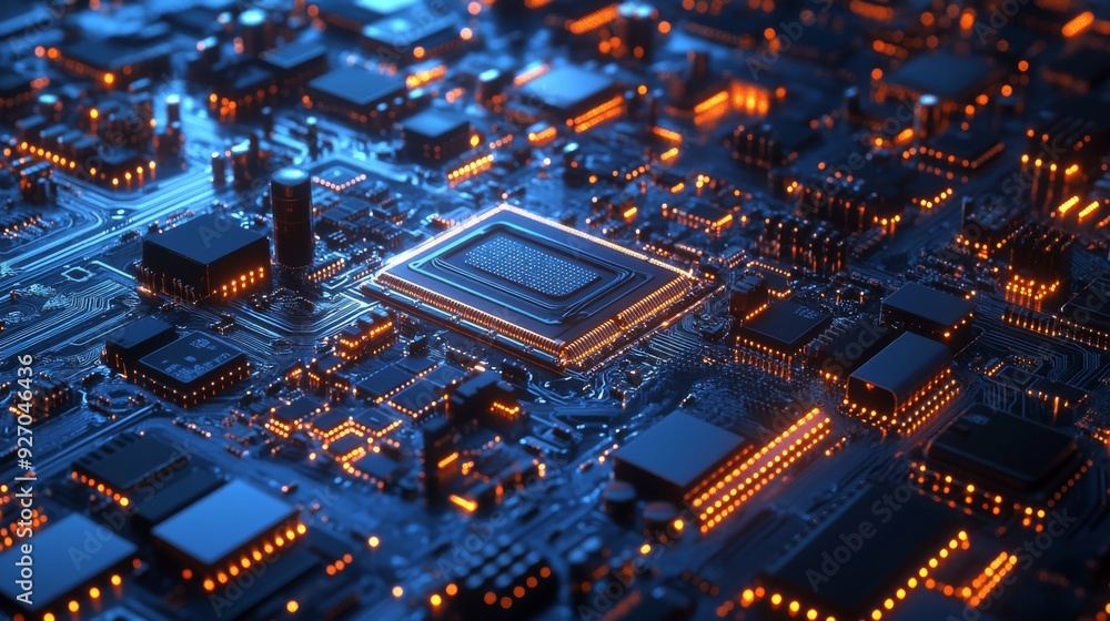 Poster abstract technology background featuring a detailed circuit board with illuminated circuits and adva