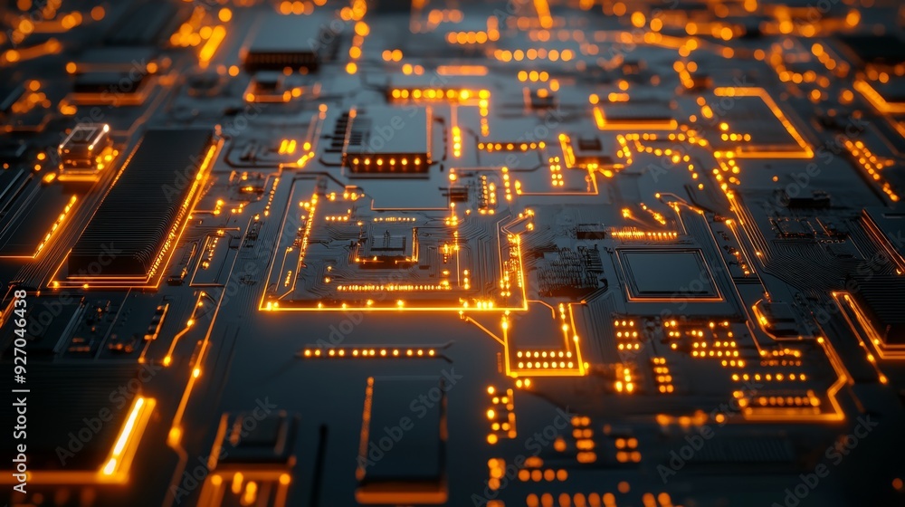 Poster abstract technology background featuring a detailed circuit board with illuminated circuits and adva