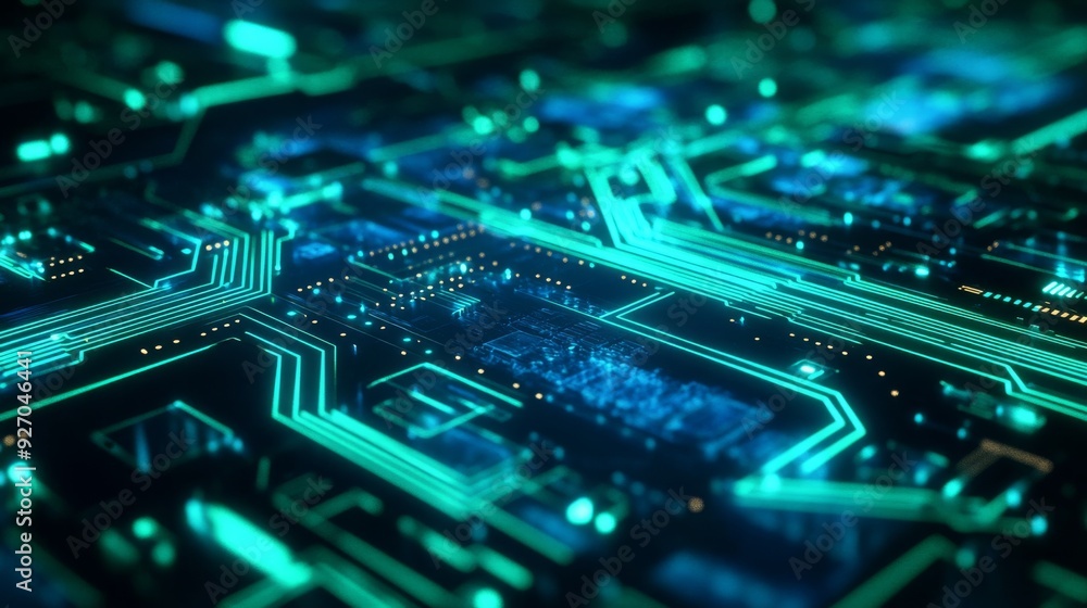 Aufkleber Abstract representation of a circuit board with neon blue and green lines creating a high-tech background