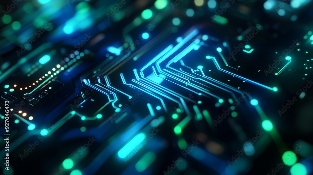 Poster Abstract representation of a circuit board with neon blue and green lines creating a high-tech background