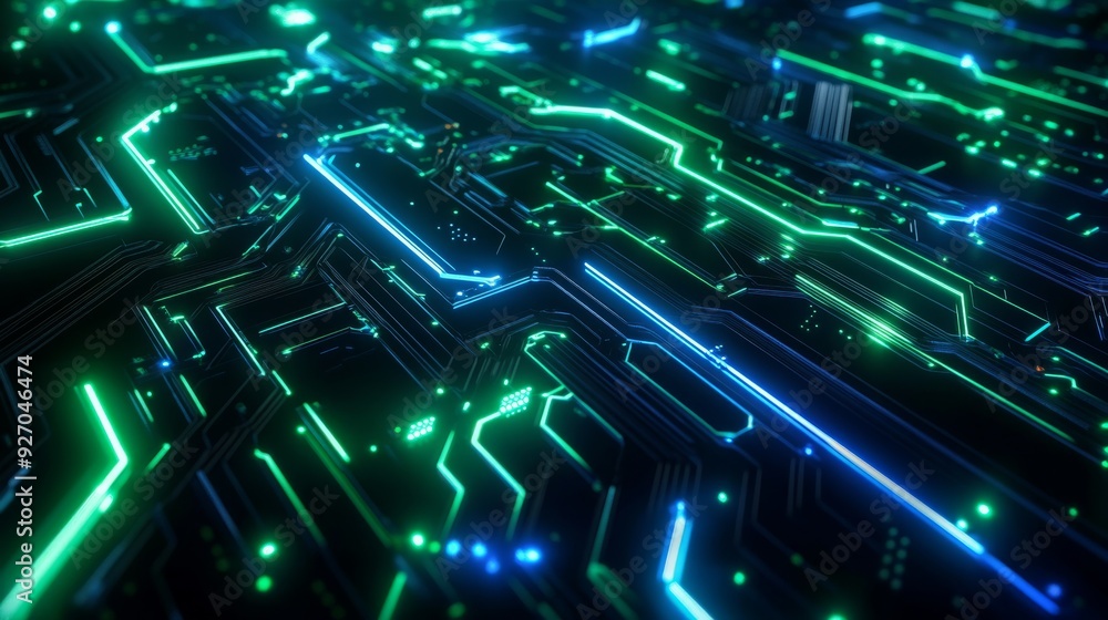 Aufkleber Abstract representation of a circuit board with neon blue and green lines creating a high-tech background