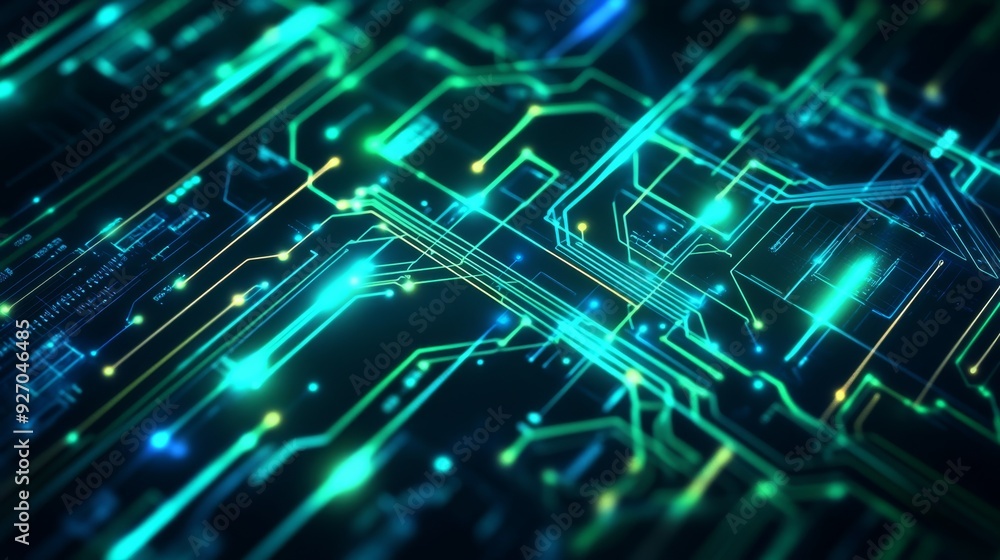 Aufkleber Abstract representation of a circuit board with neon blue and green lines creating a high-tech background