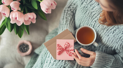 A mother enjoying a relaxing moment with a cup of tea and a Mother's Day card nearby