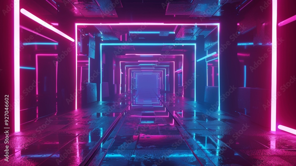 Poster abstract neon tunnel with 3d rotating square frames, looped animation, vivid colors