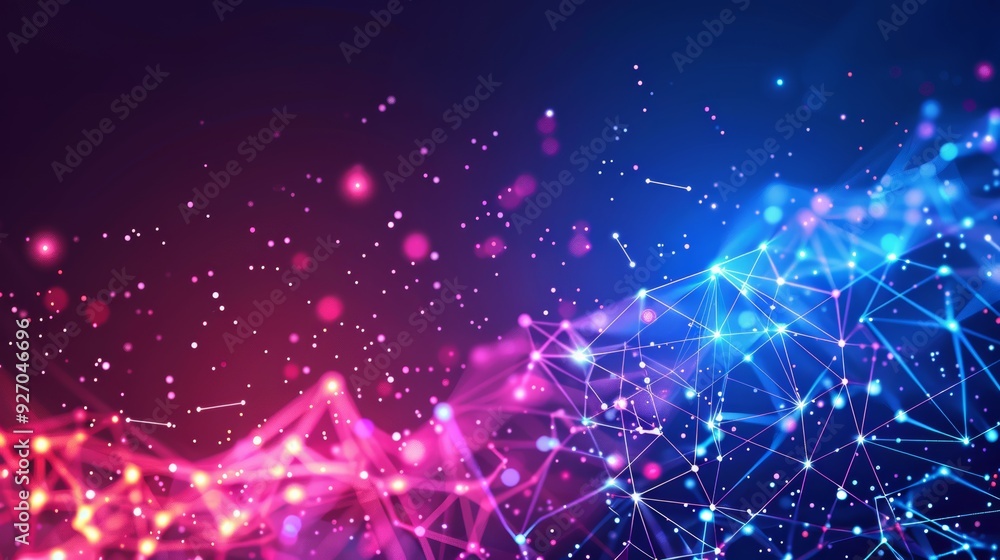 Poster Abstract AI technology background with connected dots and lines in neon colors