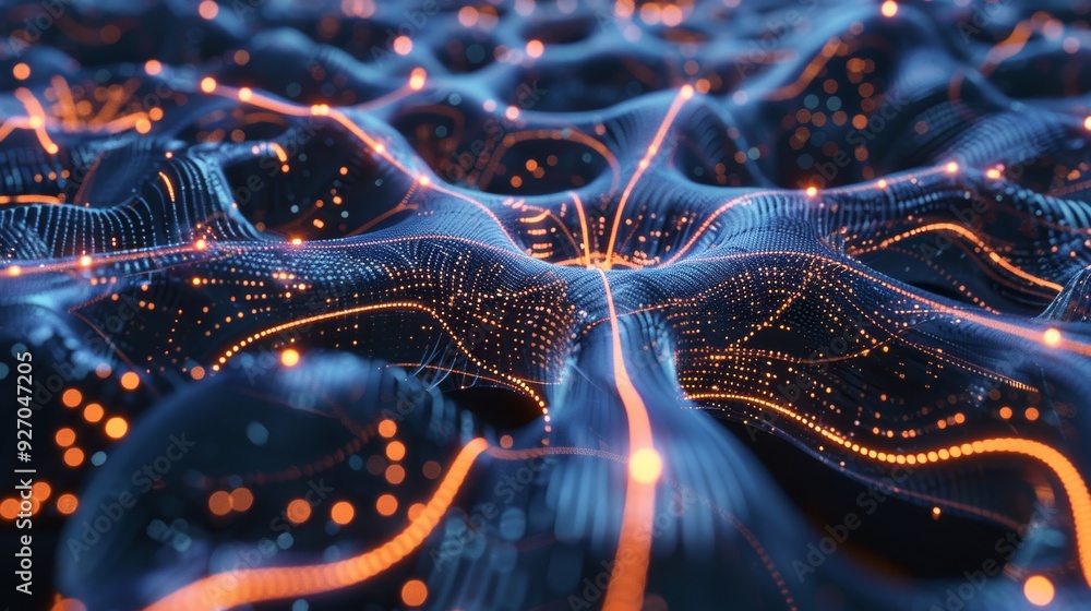 Poster 3D animation of neural network in cyberspace with glowing connections and nodes