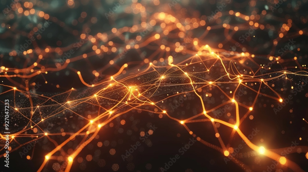 Poster 3D animation of neural network in cyberspace with glowing connections and nodes