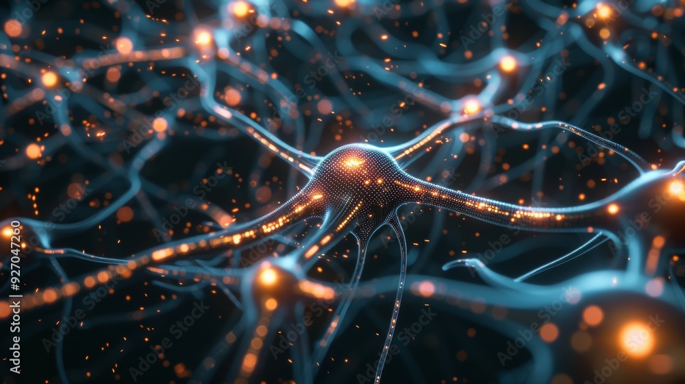 Poster 3D rendering of neural network with glowing connections and digital particles