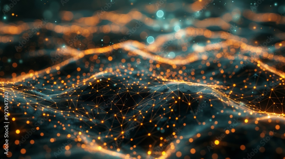 Poster 3D animation of neural network in cyberspace with glowing connections and nodes