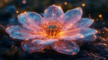 Glowing glass flower with light and bokeh.