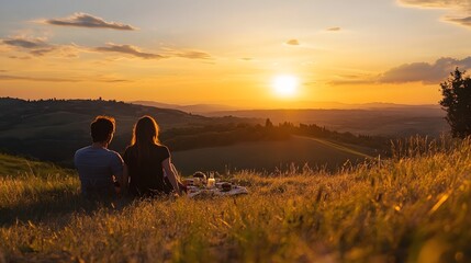 44. A couple enjoying a peaceful sunset picnic on a hilltop with a beautiful panoramic view of rolling landscapes and a golden sky