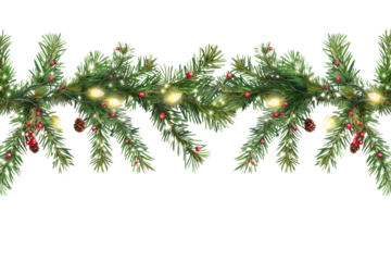 Seamless decorative Christmas border with coniferous branches and garlands of Christmas lights Isolated on white background
