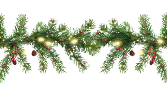 Seamless decorative Christmas border with coniferous branches and garlands of Christmas lights Isolated on white background