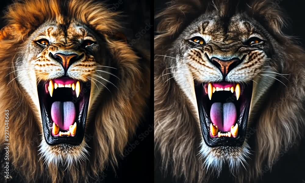 Wall mural lion roaring on black background	
