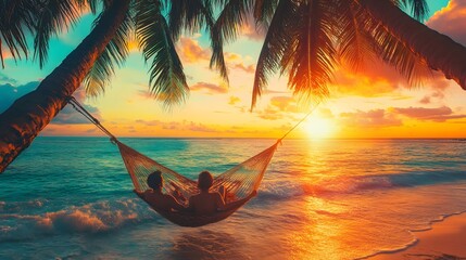 47. A couple relaxing in a hammock on a tropical beach, with turquoise waters, palm trees, and a golden sunset creating a perfect backdrop