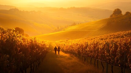 49. A couple enjoying a leisurely stroll through a picturesque vineyard with rolling hills, grapevines, and a soft, golden light of late afternoon