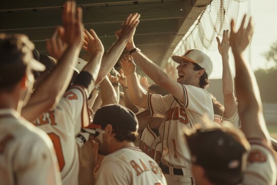 Baseball Team Celebrating Home Run in Dugout - Excited Players Cheering and High Fiving