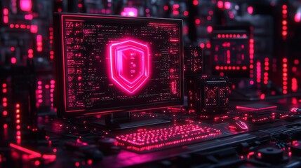 Fototapeta premium A computer displays a holographic shield surrounded by vibrant red lights