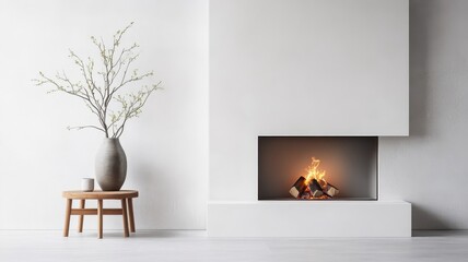 Minimalist modern fireplace with flickering flames against white wall.