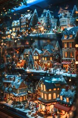 Fototapeta premium Festive Christmas Village Display in Store Window with Miniature Buildings and Twinkling Holiday Lights