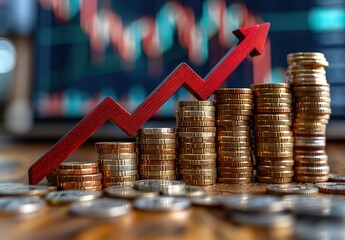 A red arrow is pointing up and there are stacks of gold coins on the ground