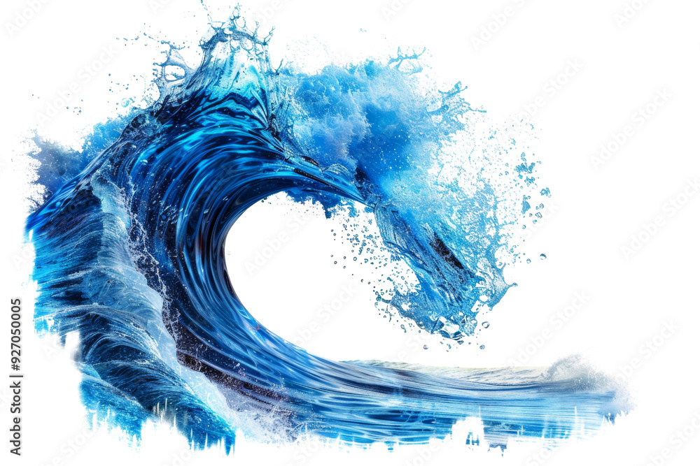 Aufkleber dynamic blue wave with splashing water droplets isolated on white background