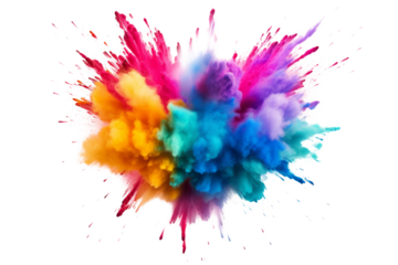 Explosive burst of multicolored holi powder Isolated on white background