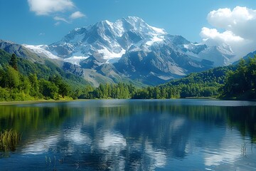 Serene Mountain Lake Reflecting Snow-Capped Peak in Tranquil Natural Setting