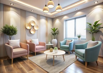 Fototapeta premium Calm dental clinic sitting area soft pastel hues plush armchairs soft focus warm lighting