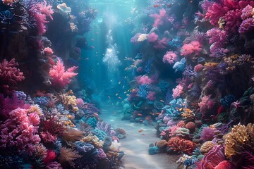 Fototapeta premium Enchanting Underwater Mermaid Kingdom with Vibrant Coral and Marine Life Fantasy