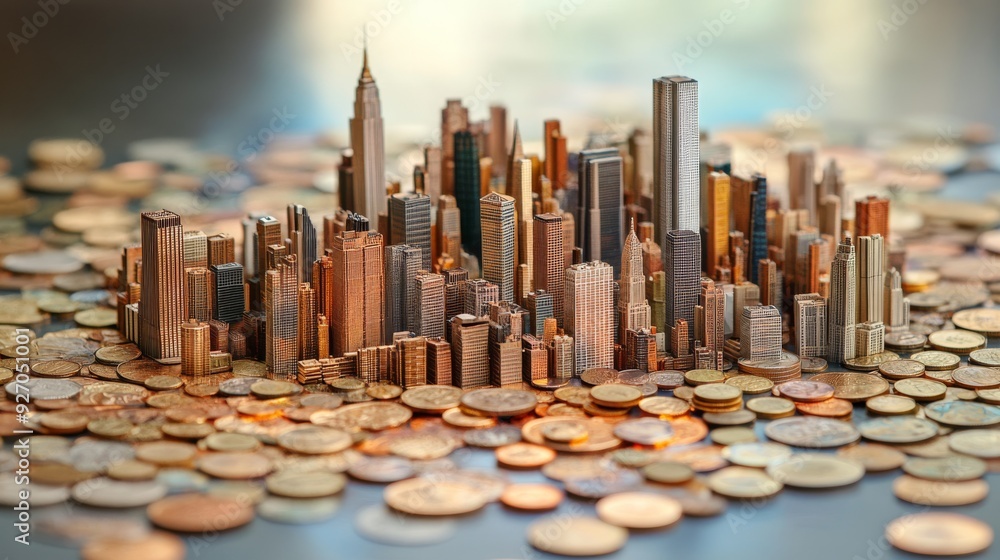 Aufkleber Overlay of a bustling cityscape on top of a background of neatly arranged coins, symbolizing the fusion of urban expansion and banking investments.