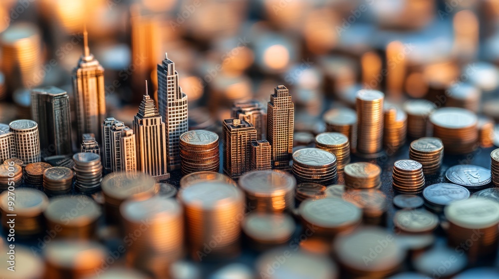 Poster Overlay of a bustling cityscape on top of a background of neatly arranged coins, symbolizing the fusion of urban expansion and banking investments.