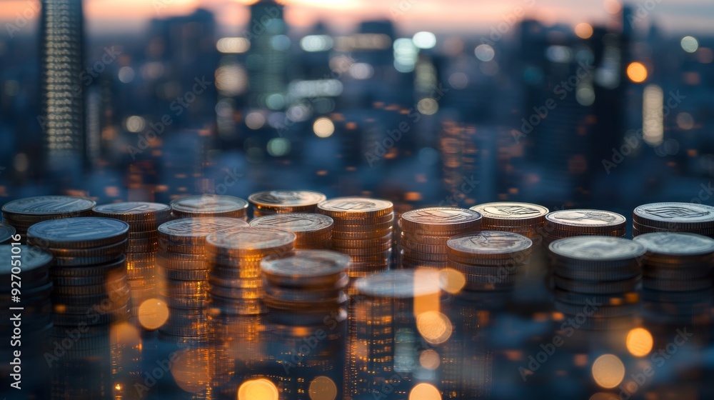 Poster overlaid image of a cityscape and coins, symbolizing the blend of urban growth and banking sectors.
