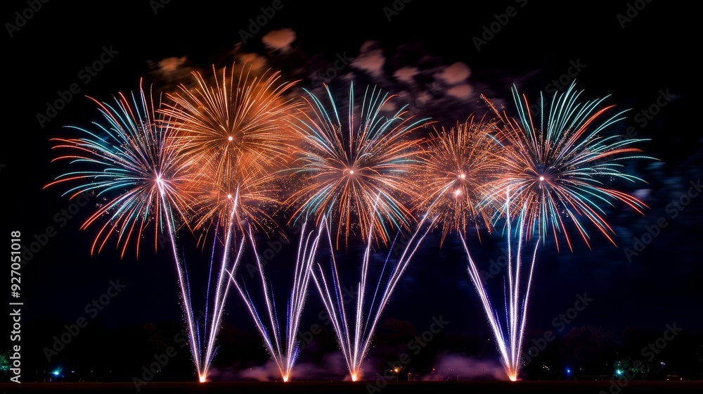 Fototapete multicolored fireworks explode with dazzling lights and patterns