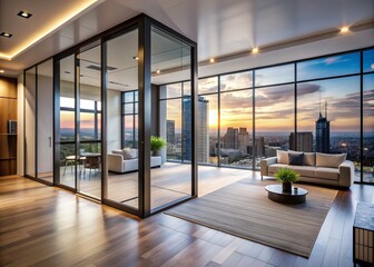 Obraz premium contemporary minimalist sleek modern apartment three glass doors one door open reflecting city skyline and chic urban lifestyle