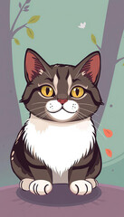 A cat is sitting on a rug and looking at the camera