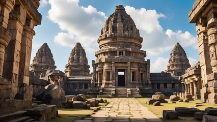 Ancient temple complex with towering statues, carved stone walls, and sacred atmosphere