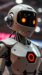 Fototapeta premium A robot with a green eye and orange earbuds