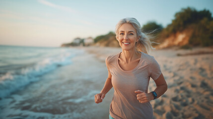 Happy middle-aged woman jogging on the beach, Candid shot.