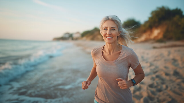 Happy middle-aged woman jogging on the beach, Candid shot.