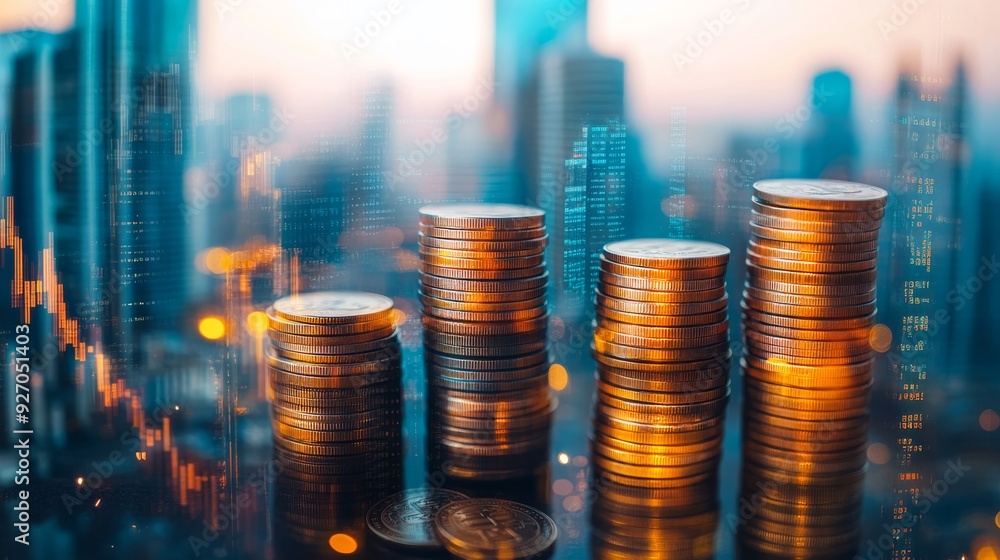 Poster double exposure of skyscrapers and coin stacks, illustrating the connection between financial manage