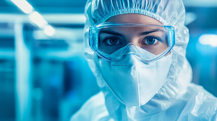 A quantum computing engineer wearing protective gear in a clean room environment
