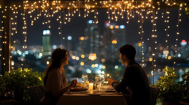 30. A romantic rooftop dinner with a couple dining al fresco under a canopy of string lights, overlooking a sparkling city skyline