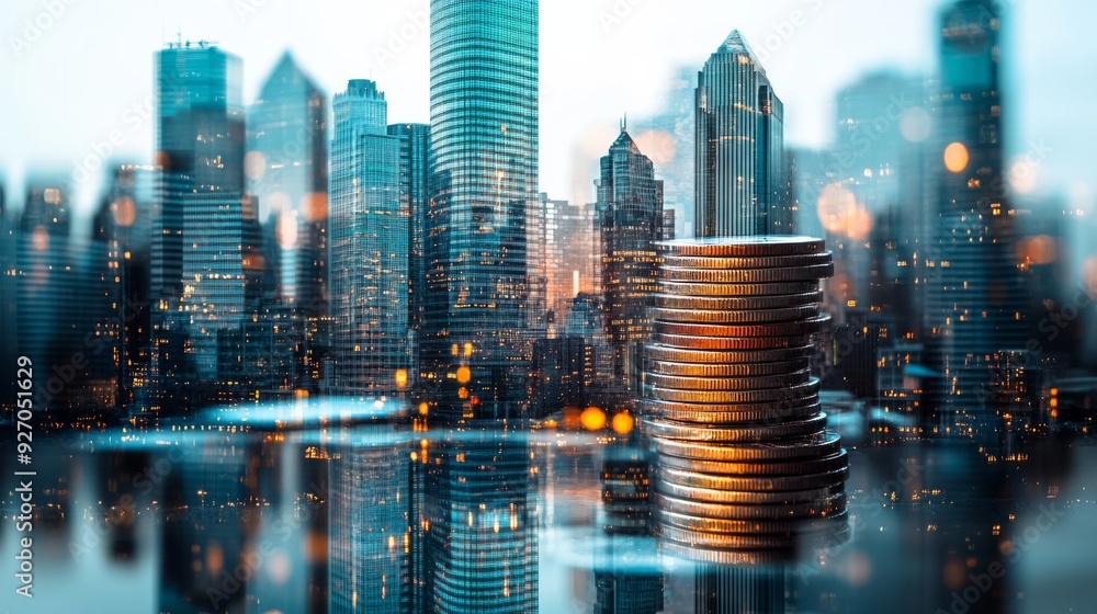 Aufkleber Double exposure of a city skyline merging with a stack of coins, representing the intersection of urban development and financial growth.